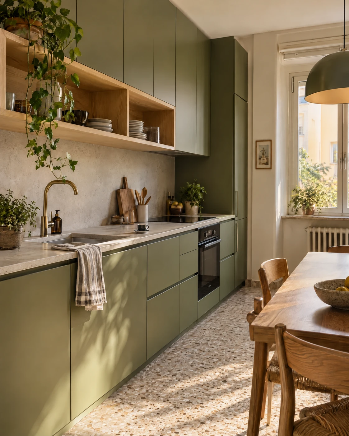 Cucina su misura verde oliva e rovere, senza tappeto